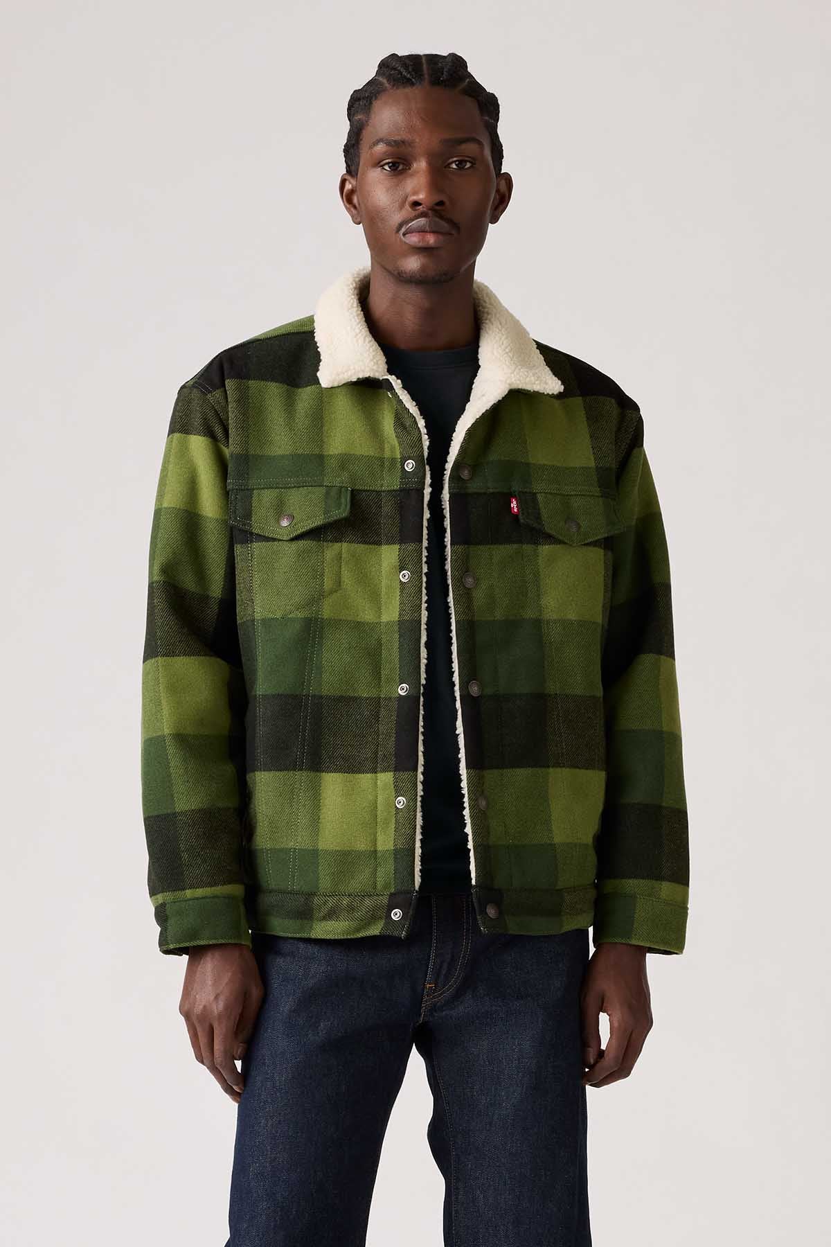 Levi's green plaid jacket with sherpa collar, button front, and chest pockets