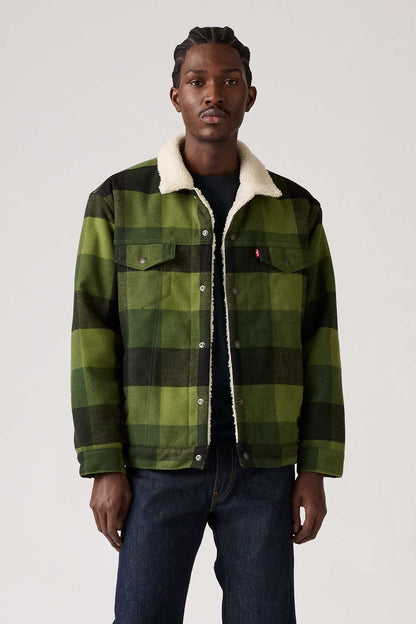 Levi's green plaid jacket with sherpa collar, button front, and chest pockets