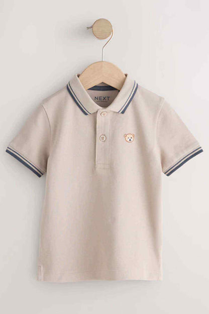 Kids stone polo shirt on hanger, navy striped collar and bear chest badge