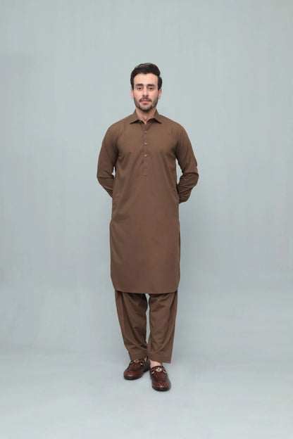 Men's brown shalwar suit with long kurta front buttons and matching trousers