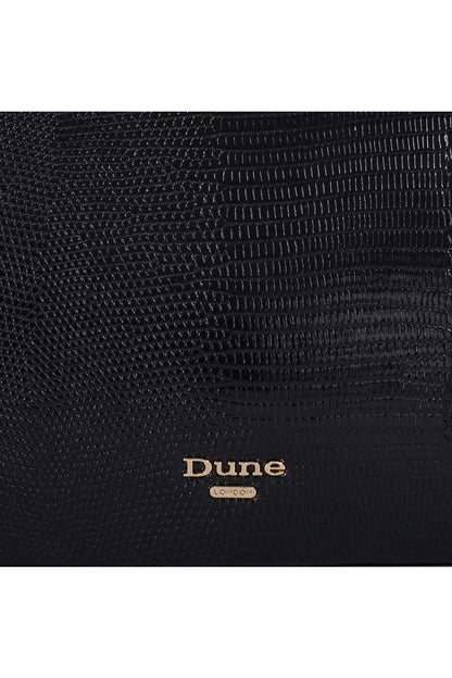 Close-up of black tote bag front with Dune logo and textured finish