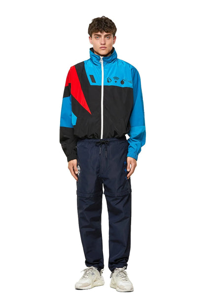 Navy drawstring track pants with tapered legs and ankle cuffs