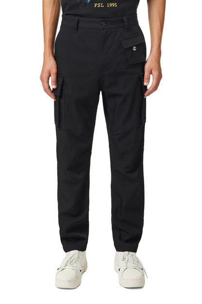 Black cargo pants with cuffed ankle, side pockets, and belt loops