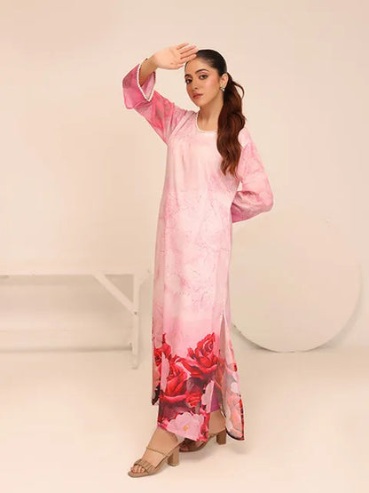 Pink long dress with rose floral hem, long sleeves, crew neckline