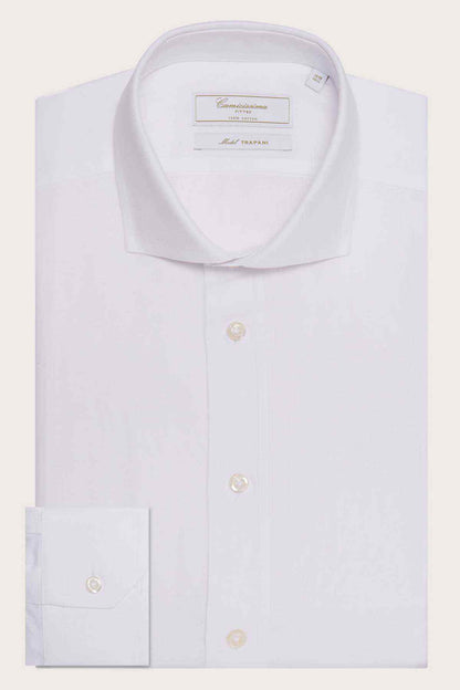 White dress shirt with spread collar and button placket, logo label at neck