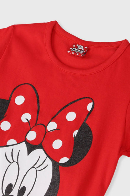 Red T-shirt with Minnie Mouse head graphic and crew neckline