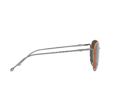 Diesel sunglasses in side view with thin metal arms and orange lens border