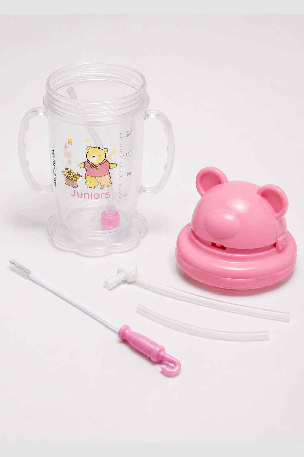 Pink toddler sippy cup set: bear lid, clear bottle, straw and accessories