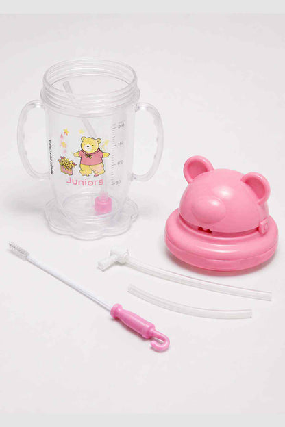 Pink toddler sippy cup set: bear lid, clear bottle, straw and accessories