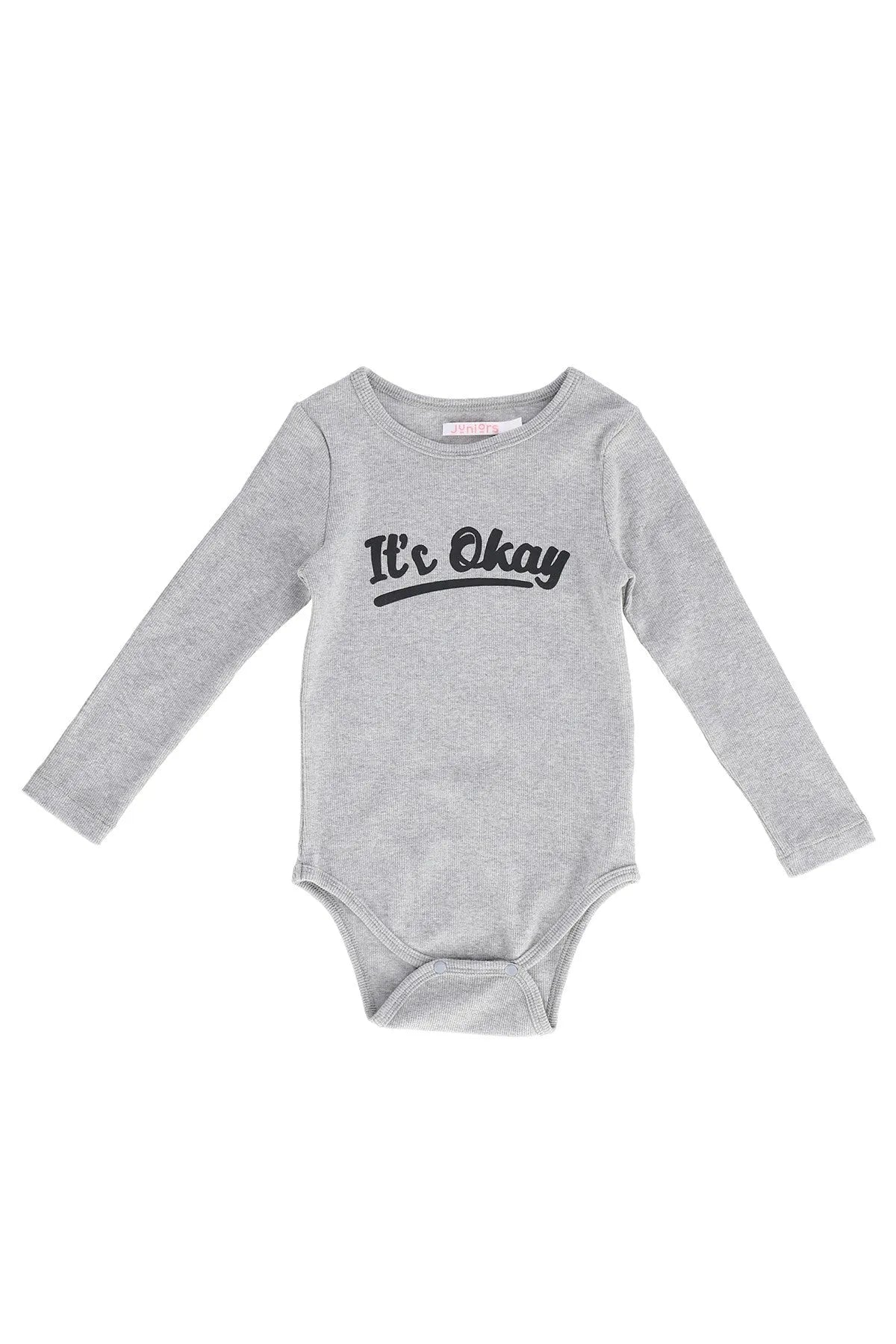 Grey baby long-sleeve bodysuit with 'It's Okay' front print