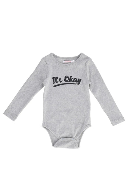 Grey baby long-sleeve bodysuit with 'It's Okay' front print