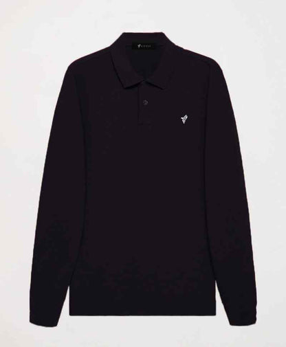 Fitted dark long-sleeve polo shirt on a hanger with collar and chest logo.