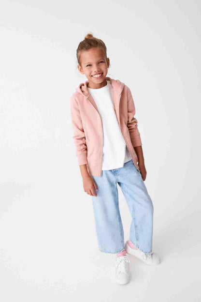 Pink kids zip-up hoodie with hood, front zipper, and kangaroo pocket, worn view