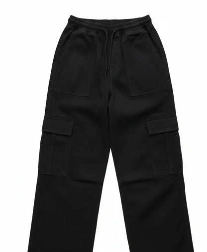 Fitted black cargo pants, front view, drawstring waistband and cargo pocket details