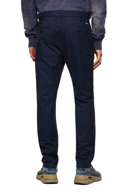 Men's dark navy jeans with belt loops and rear patch pockets, full-back view