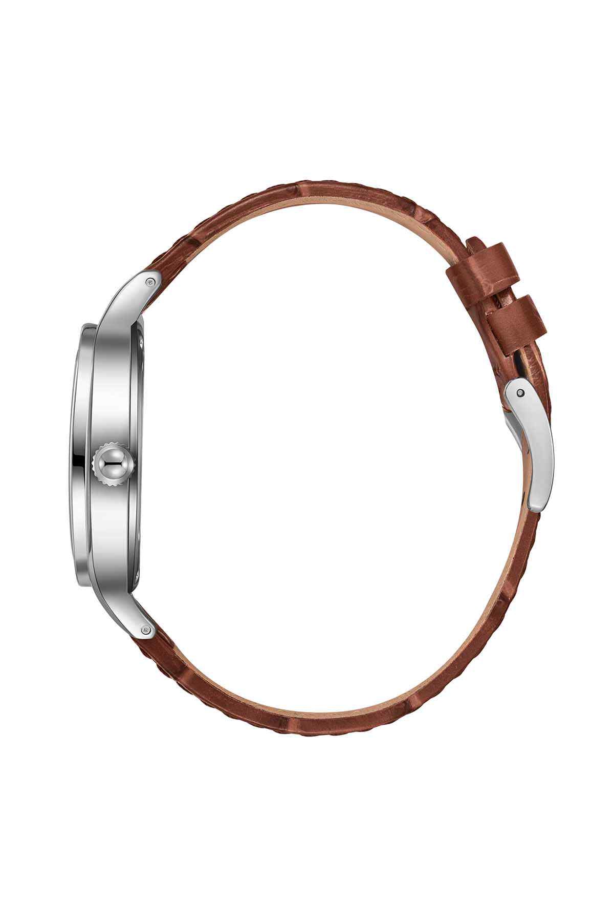 Wristwatch side profile with dark brown leather strap and silver-toned case