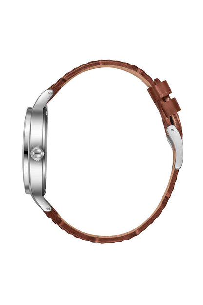 Wristwatch side profile with dark brown leather strap and silver-toned case