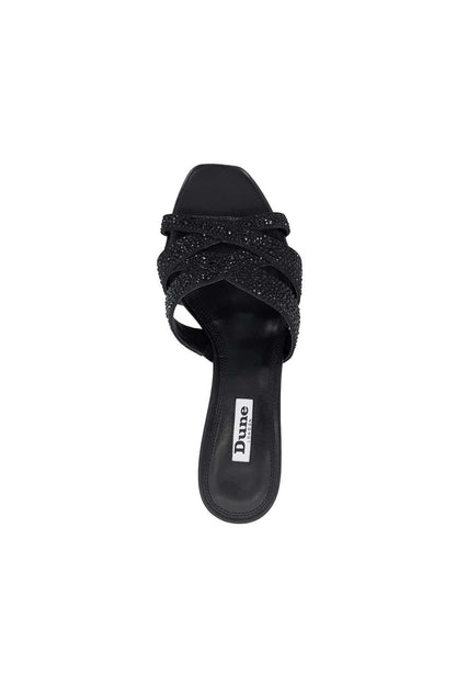 Black mule heeled sandal with crisscross rhinestone straps; Dune London insole