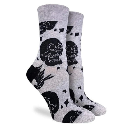 Funky Dunky grey crew socks with black skull and rose pattern