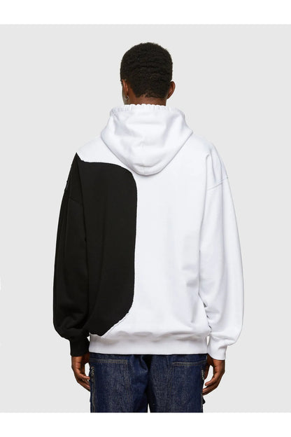 Two-tone hoodie with white back and large black side panel, drawstring hood
