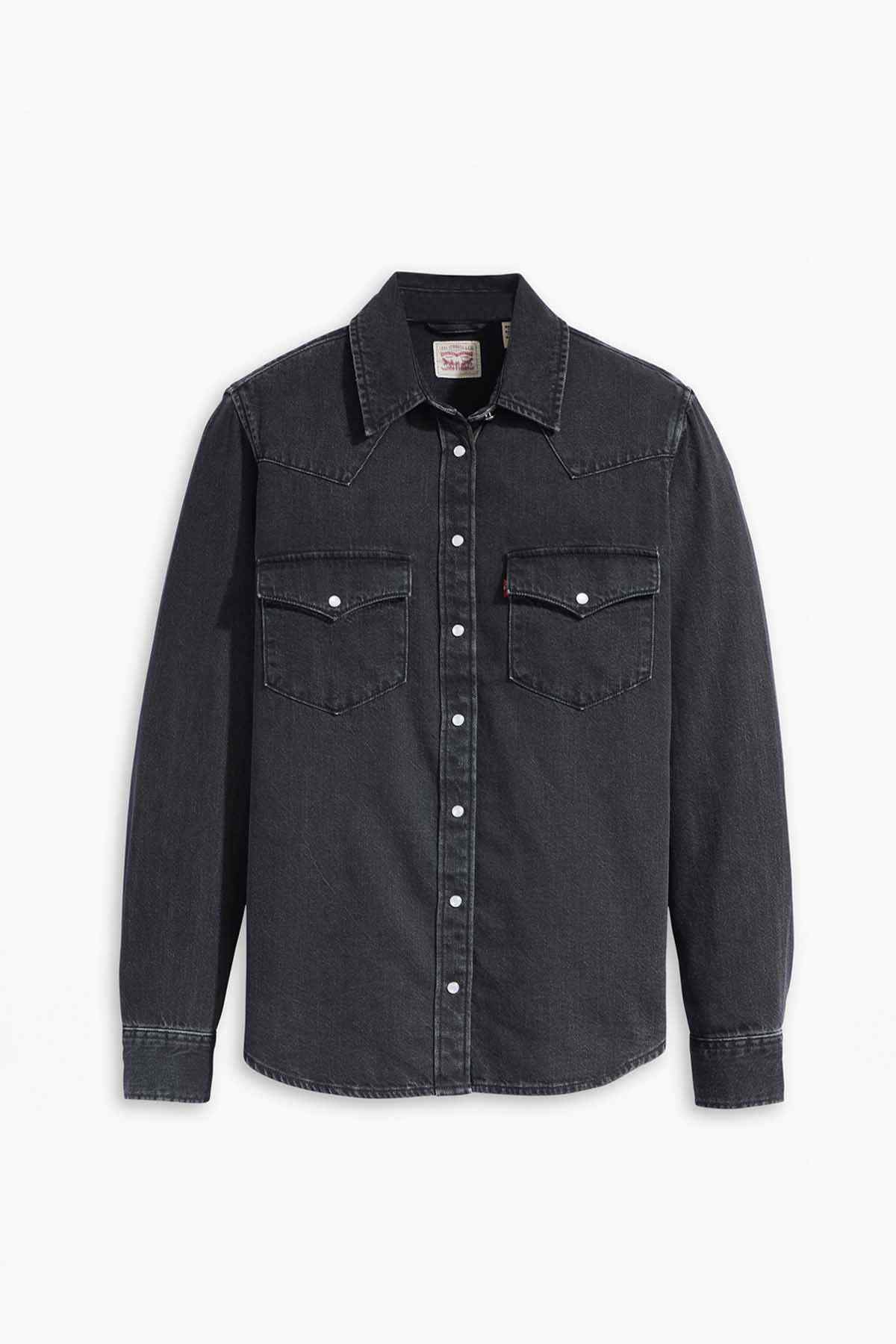Black denim button-up shirt with two chest pockets and long sleeves