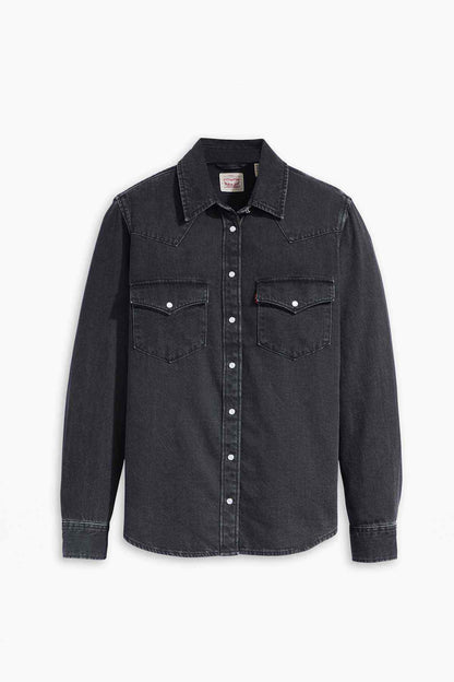 Black denim button-up shirt with two chest pockets and long sleeves
