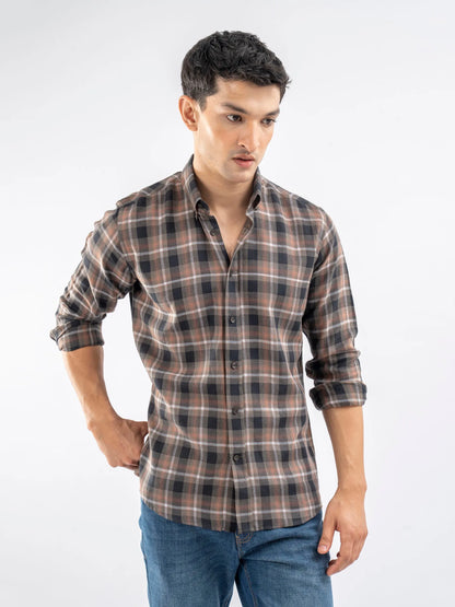 Men's brown plaid cotton shirt with collar and button front, long sleeves