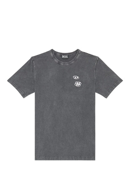 Mens charcoal crewneck T-shirt front view with small chest logo graphic
