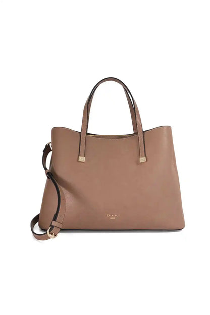 Taupe leather tote bag with two top handles and square silhouette