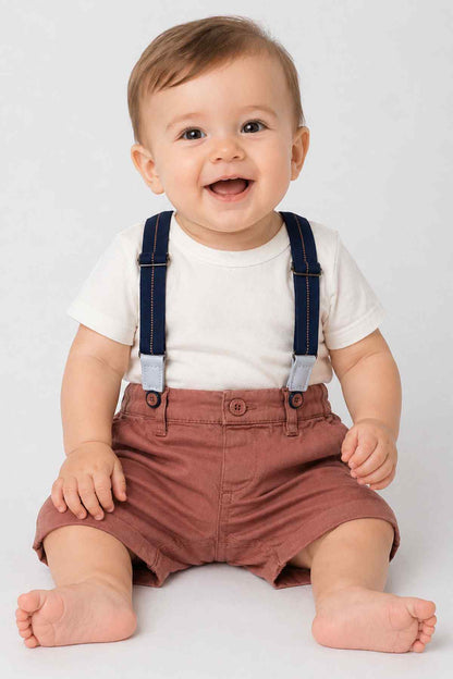 BABYSHOP brown baby short overalls with navy suspenders and white T-shirt