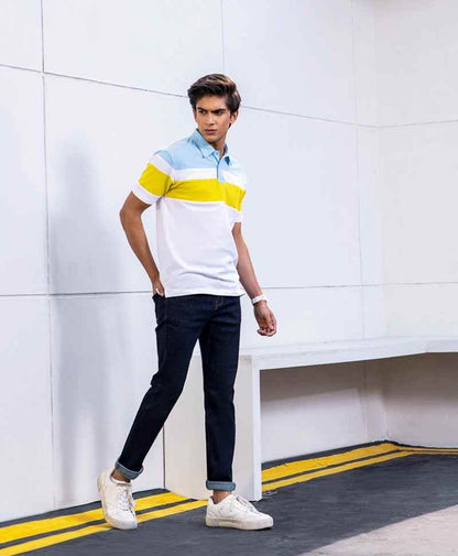 Men's fitted polo shirt with light blue, yellow, and white horizontal stripes, short sleeve