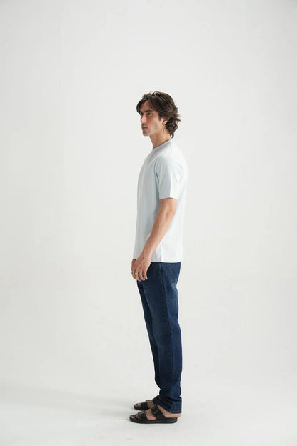Blue crew-neck T-shirt side view with short sleeves