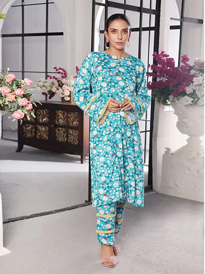 Turquoise floral long kurta with gold-trim cuffs and matching straight-cut leggings