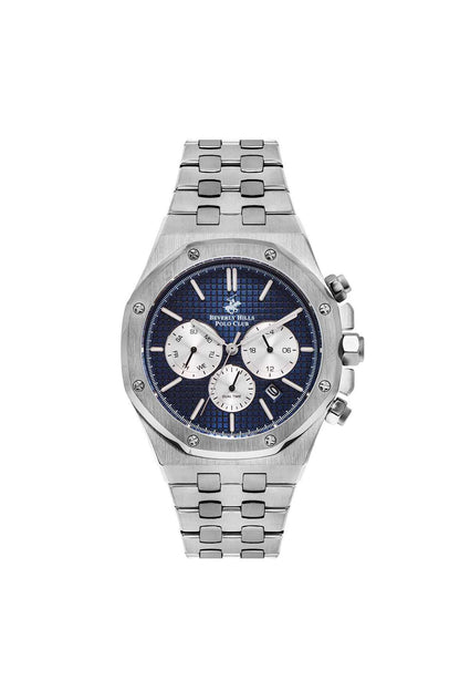 BHPC silver chronograph watch with blue dial, three subdials, metal bracelet