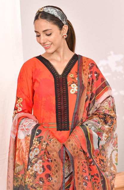 Fiona coral kurta with black V-neck panel and ornate cuffs, styled with patterned dupatta
