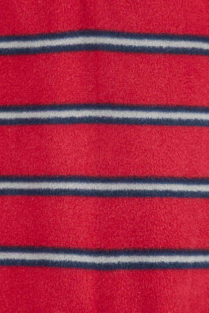 Close-up of red fleece with navy and gray horizontal stripes
