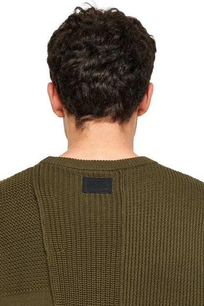 Diesel green patchwork knit sweater back view with small rectangular logo patch