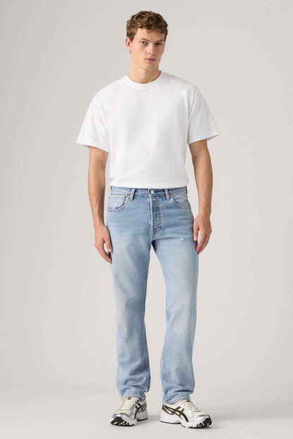 Levi's light indigo jeans with straight relaxed fit, button fly, and five pockets