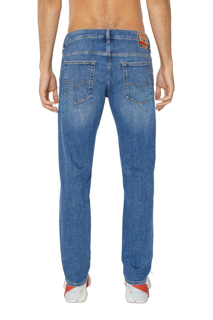 Men's blue denim jeans back view, straight fit with stitched rear pockets