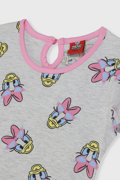DISNEY character print baby dress neckline with pink trim and multicolor bugs