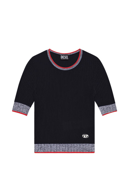 Black ribbed knit T-shirt with striped collar, sleeve cuffs, and hem trim