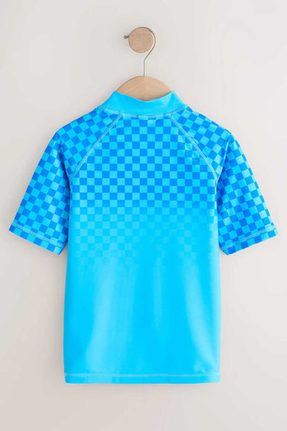 Boys blue graphic short-sleeve T-shirt with checkered shoulders and back panel