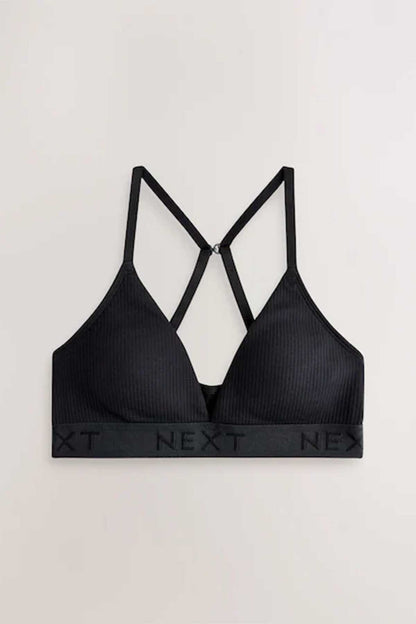 Black triangle bralette with V-neck and adjustable straps, stretchy elastic underband