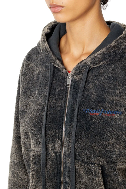 Diesel zip-front hoodie close-up, dark charcoal wash, metal zipper, small chest logo