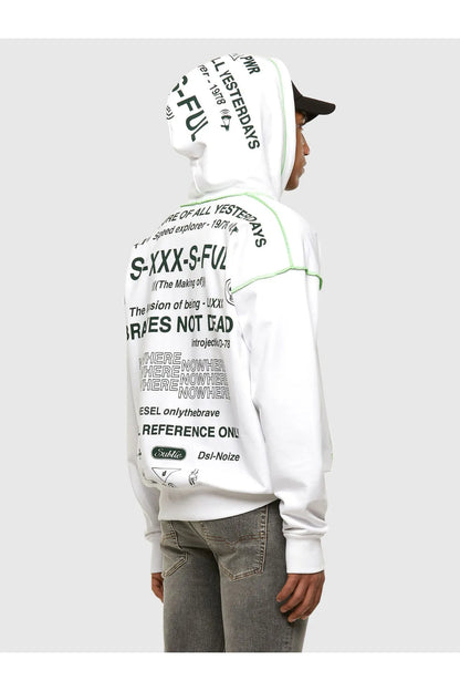 Diesel white hoodie with green-trim back graphic and hood lettering