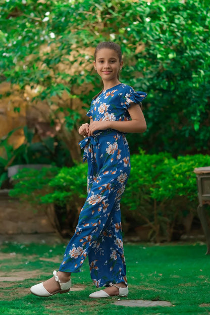 Dhaga girls' blue floral maxi dress with tie sleeve details and tied waist