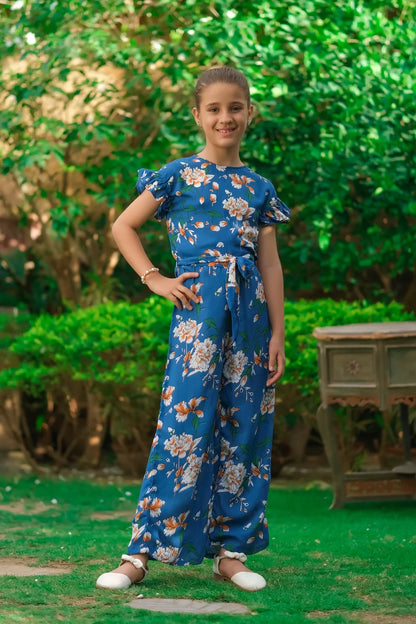 Dhaga girls' blue floral maxi dress with short sleeves and tied waist