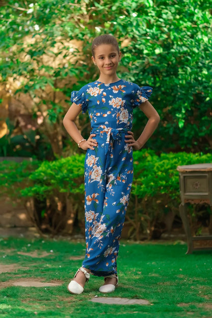 Dhaga girls' blue floral long dress with belt tie and short ruffle sleeves