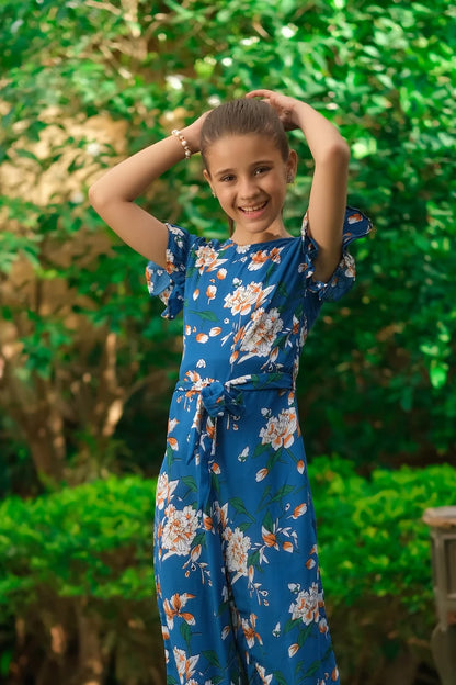 Dhaga girls' blue floral maxi dress with tie waist and flutter sleeves
