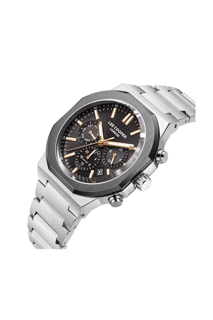 Lee Cooper stainless steel watch, black dial, angled case view, silver bracelet links
